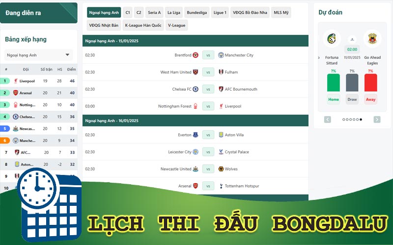 Lịch thi đấu Bongdalu - Cập nhật 24/7 nhanh nhất